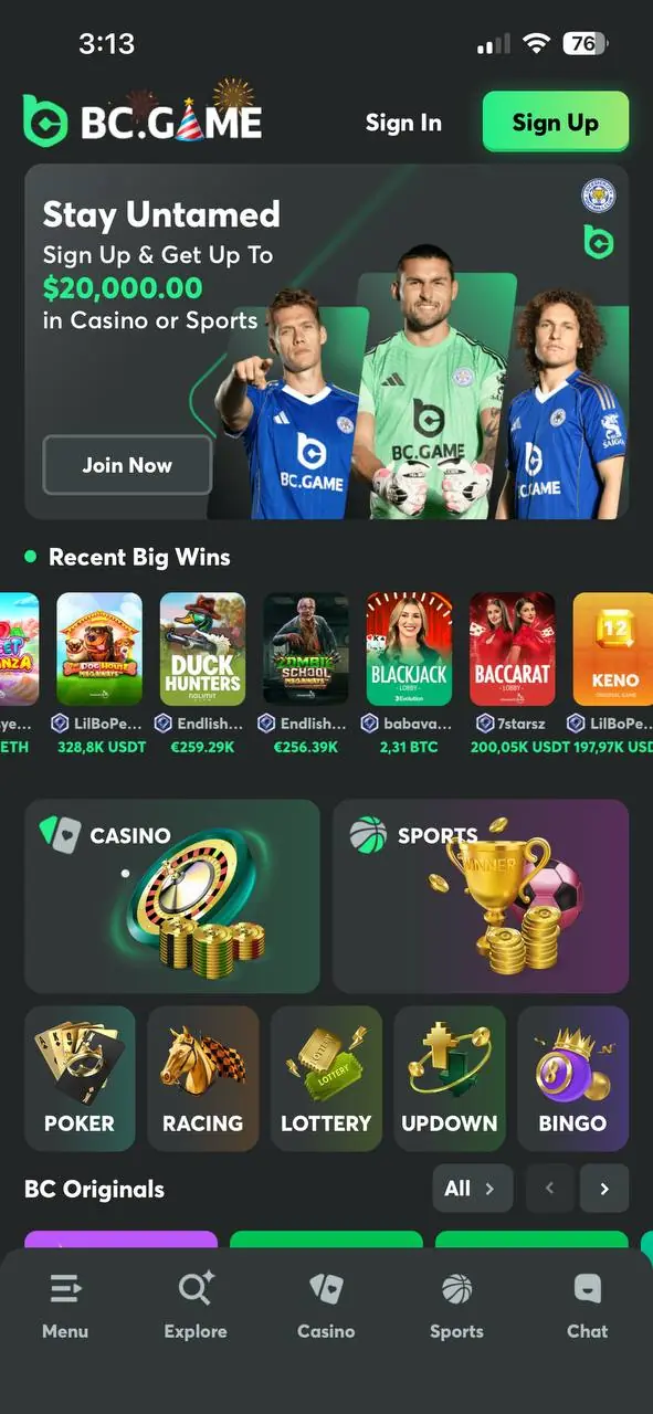 BC.GAME homepage on a mobile phone, with sections for casino, sports, and latest wins.