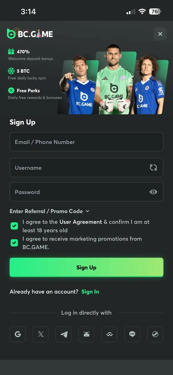 BC.GAME registration page on a mobile device with fields for email, username, password, and bonus offers.