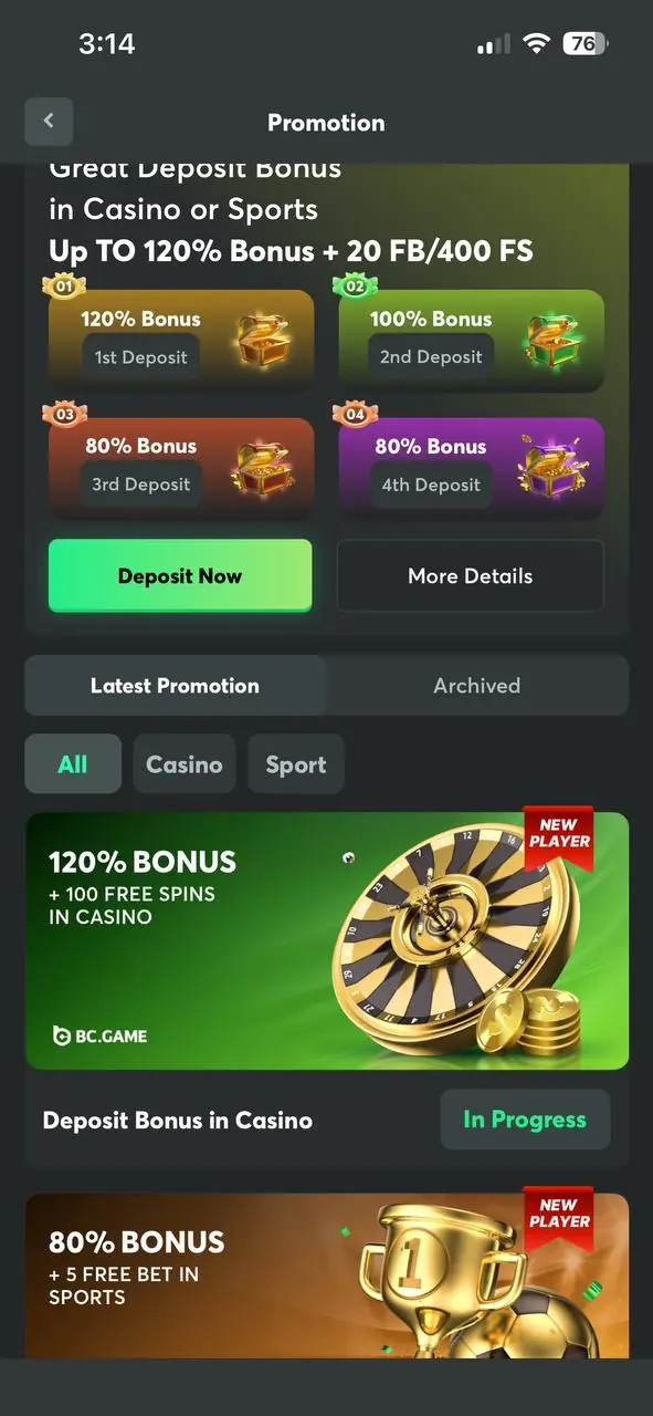BC.GAME shares with bonuses on first deposits — 120%, 100%, and 80%, as well as cards for current promotions in the casino and sports.
