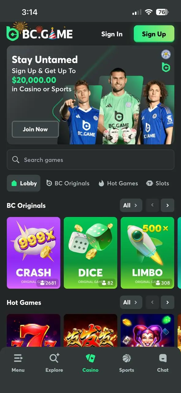 BC.GAME casino with BC Originals categories and a selection of popular slot games.