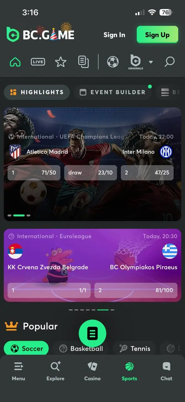 BC.GAME sports betting page with live matches and categories of popular sports.
